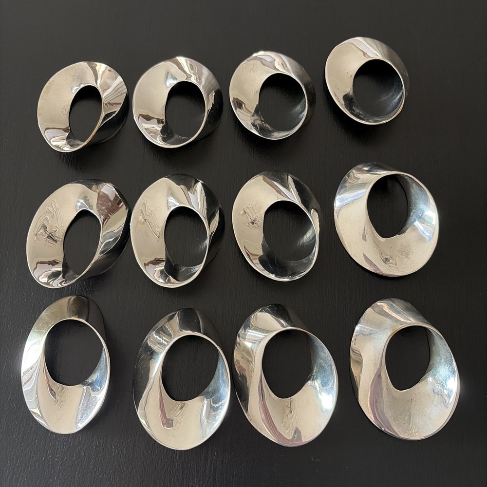 Sculptural Oval Napkin Ring Holder Set‎ of 12 Silver tone